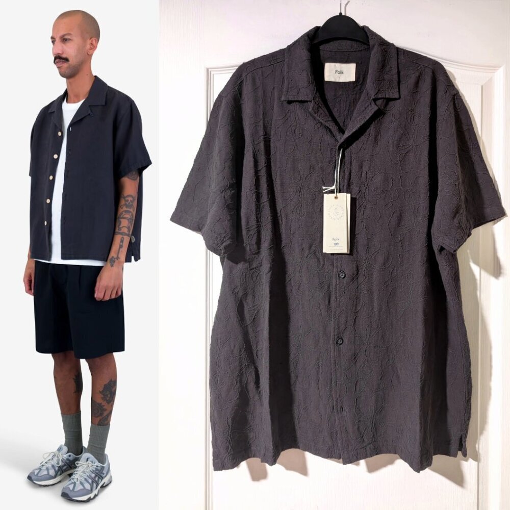 Folk | Cornelli Short Sleeve Floral Embroidered Shirt In Washed Black